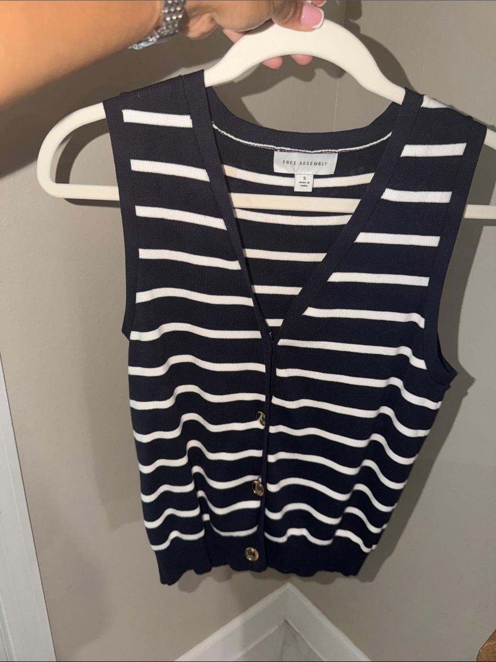 Free Assembly Navy & White Striped Sleeveless Button Front Vest